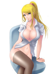 Rule 34 | 1girl, bad id, bad pixiv id, blonde hair, blue eyes, bottomless, bracelet, breasts, chair, cleavage, crossed legs, green eyes, highres, huge breasts, jewelry, kukua (mosushi), large breasts, long hair, looking at viewer, metroid, navel, nintendo, no panties, open clothes, open shirt, ponytail, samus aran, shirt, simple background, sitting, solo, super smash bros., thighhighs, unbuttoned
