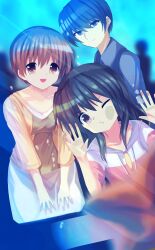 Rule 34 | 1boy, 2girls, :d, aquarium, black hair, blue eyes, blue hair, blurry, breasts, brown eyes, brown hair, casual, cheek on glass, cheek press, clannad, closed mouth, commentary request, depth of field, family, flat chest, hand on glass, highres, hood, hood down, hoodie, husband and wife, ibuki fuuko, ibuki kouko, long hair, long sleeves, looking at animal, looking at viewer, multiple girls, one eye closed, open mouth, orange shirt, parted lips, shirt, short hair, siblings, sidelocks, sisters, skirt, small breasts, smile, split mouth, starfish, underwater, v-shaped eyebrows, white skirt, yoanium, yoshino yuusuke
