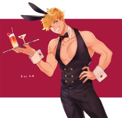 Rule 34 | 1boy, alternate costume, animal ears, bad id, bad twitter id, bare shoulders, black pants, blonde hair, bow, bowtie, chippendales, cropped jacket, detached collar, granblue fantasy, green eyes, highres, holding, holding tray, looking at viewer, male focus, male playboy bunny, one eye closed, pants, pectoral cleavage, pectorals, rabbit ears, satoimo sanda, short hair, sleeveless, smile, solo, toned, toned male, tray, vane (granblue fantasy), wrist cuffs