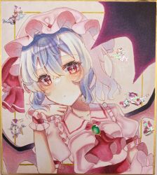 Rule 34 | 1girl, ascot, bat wings, blue hair, brooch, hat, hat ribbon, highres, jewelry, mob cap, pink hat, pink shirt, puffy short sleeves, puffy sleeves, red ascot, red eyes, red ribbon, remilia scarlet, ribbon, rukuthii45, shirt, short sleeves, solo, touhou, wings, wrist cuffs