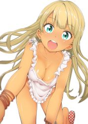 Rule 34 | 1girl, alessandra susu, apron, bad id, bad pixiv id, bangle, bikini tan, blonde hair, blue eyes, blush, bracelet, breasts, cleavage, collarbone, earrings, covered erect nipples, highres, jewelry, kazuo daisuke, long hair, looking at viewer, medium breasts, naked apron, open mouth, polka dot, sandals, simple background, smile, solo, tan, tanline, tokyo 7th sisters, white background