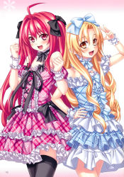 Rule 34 | 2girls, :d, absurdres, ahoge, bare shoulders, black legwear, blonde hair, bow, clenched hands, collar, corticarte apa lagranges, detached collar, dress, drill hair, flat chest, frilled collar, frilled dress, frills, gradient background, hair bow, hair ribbon, halftone, hand on own hip, highres, huge filesize, iaritikke sin goluot, kannatsuki noboru, long hair, multiple girls, open mouth, page number, parted bangs, plaid, plaid dress, red eyes, red hair, ribbon, shinkyoku soukai polyphonica, sidelocks, simple background, smile, tareme, thighhighs, tsurime, twintails, two side up, v, wrist cuffs, yellow eyes