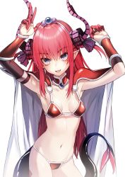Rule 34 | 1girl, armor, arms up, bikini armor, blush, breasts, collarbone, elizabeth bathory (brave) (fate), elizabeth bathory (fate), fang, fate/grand order, fate (series), horns, long hair, looking at viewer, navel, open mouth, pointy ears, pokan (xz1128), purple eyes, red hair, small breasts, smile, solo, tail, white background