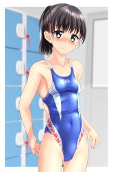 Rule 34 | 1girl, absurdres, black hair, blue one-piece swimsuit, blurry, blurry background, blush, breasts, clothes writing, collarbone, commentary request, competition swimsuit, covered navel, cowboy shot, female pubic hair, green eyes, highleg, highleg swimsuit, highres, indoors, locker, locker room, multicolored clothes, multicolored swimsuit, nose blush, one-piece swimsuit, original, pubic hair, pubic hair peek, short hair, small breasts, solo, standing, swimsuit, takafumi, window