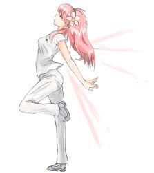 Rule 34 | 00s, 1girl, arched back, arms behind back, blouse, closed eyes, flower, galaxy angel, hair flower, hair ornament, long hair, milfeulle sakuraba, nyama, pants, pink hair, profile, shirt, simple background, solo, standing, standing on one leg, taut clothes, taut shirt