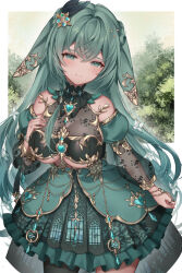 Rule 34 | 1girl, animal ears, bare shoulders, blush, breasts, cleavage, closed mouth, cloud9, commentary, commission, cowboy shot, crossed bangs, depths (vtuber), detached sleeves, dress, ear ornament, green dress, green eyes, green hair, hair between eyes, hair ornament, hand on own chest, highres, jewelry, large breasts, long hair, metatarou, outdoors, rabbit ears, rabbit girl, see-through, see-through cleavage, single leg pantyhose, skeb commission, sleeveless, sleeveless dress, smile, solo, underboob, virtual youtuber