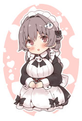 Rule 34 | 1girl, alternate costume, black dress, black hair, blush, breasts, brown eyes, dress, enmaided, hair between eyes, hair ornament, hairclip, heart, jingei (kancolle), kantai collection, large breasts, long hair, long sleeves, maid, maid headdress, open mouth, smile, solo, suzuki toto, upper body