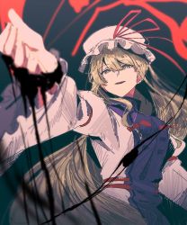 Rule 34 | 1girl, blonde hair, bow, commentary, darkness, dress, frilled sleeves, frills, hair between eyes, hair bow, hand up, hat, hat ribbon, highres, irohasu (sasagarasu), long hair, long sleeves, looking at viewer, mob cap, outstretched arm, parted lips, purple tabard, red bow, red ribbon, ribbon, sidelocks, smile, solo, tabard, touhou, upper body, very long hair, white dress, white hat, wide sleeves, yakumo yukari, yellow eyes
