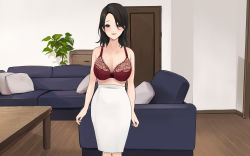 Rule 34 | 1girl, akito (d30n26), arms at sides, black hair, blush, bra, breasts, brown eyes, cleavage, couch, cushion, door, embarrassed, eyebrows hidden by hair, feet out of frame, female focus, high-waist skirt, highres, indoors, large breasts, legs, looking at viewer, medium hair, open mouth, original, plant, skirt, smile, solo, standing, table, thighs, underwear, wall, white skirt