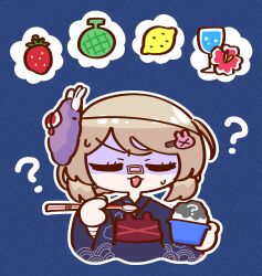 Rule 34 | 1girl, :3, ?, absurdres, bandaid, bandaid on face, bandaid on nose, blue background, blue kimono, brown hair, cantaloupe, closed eyes, cropped torso, fang, flower, food, fruit, furrowed brow, hair ornament, hairclip, highres, holding, holding spoon, hydrangea, japanese clothes, kimono, lemon, natori sana, obi, open mouth, sana channel, sash, seigaiha, shaded face, shaved ice, simple background, solo, souda suisui, spoon, spoon straw, strawberry, sweat, turn pale, upper body, virtual youtuber, yukata