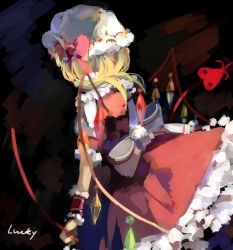 Rule 34 | 1girl, blonde hair, check commentary, commentary, commentary request, flandre scarlet, from behind, hat, highres, lucky small pride, solo, standing, wings