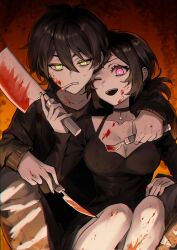 Rule 34 | 1boy, 1girl, andrew graves (the coffin of andy and leyley), ashley graves, black collar, black hair, black shirt, blood, blood on face, cigarette, cleaver, collar, fork, green eyes, highres, holding, holding fork, holding knife, knife, nanin, one eye closed, pink eyes, shirt, siblings, sitting, the coffin of andy and leyley, torn clothes