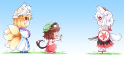 Rule 34 | 3girls, animal ears, animal hat, blonde hair, blue background, brown hair, cat ears, cat tail, chen, chibi, detached sleeves, dress, fang, flower, fox tail, geta, giving, gradient background, grass, hands in opposite sleeves, hat, hat with ears, high collar, highres, inubashiri momiji, juliet sleeves, leaf, long sleeves, looking at another, maple leaf, mob cap, multiple girls, multiple tails, no mouth, ofuda, open mouth, mob cap, pom pom (clothes), profile, puffy sleeves, red eyes, scionofaiur, shield, shoes, short hair, skirt, skirt set, socks, squatting, standing, sword, tabard, tabi, tail, tassel, tengu-geta, tokin hat, touhou, weapon, wide sleeves, wolf ears, wolf tail, yakumo ran