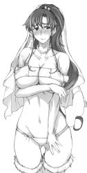 Rule 34 | 1990s (style), 1girl, bikini, bishoujo senshi sailor moon, blush, breast hold, breasts, covered erect nipples, fur trim, gloves, greyscale, highres, huge breasts, isao, jewelry, kino makoto, monochrome, navel, necklace, nervous, pearl necklace, ponytail, sailor jupiter, solo, swimsuit, veil