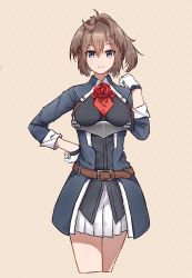 Rule 34 | 1girl, absurdres, ascot, bad id, bad pixiv id, beige background, belt, brown belt, brown hair, commentary, cropped legs, flower, gloves, grey eyes, hair between eyes, highres, ikadamo, kantai collection, long hair, looking at viewer, military, military uniform, pleated skirt, red ascot, red flower, red rose, rose, sheffield (kancolle), simple background, skirt, smile, solo, uniform, white gloves, white skirt