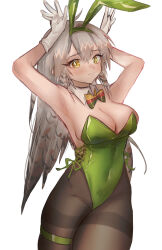 Rule 34 | 1girl, absurdres, animal ears, arknights, armpits, arms up, bare shoulders, black pantyhose, blush, breasts, cleavage, closed mouth, collar, detached collar, fake animal ears, fartooth (arknights), gloves, green hairband, grey hair, hair between eyes, hairband, highres, kaguura (kagu), leotard, long hair, looking at viewer, medium breasts, pantyhose, playboy bunny, rabbit ears, simple background, skindentation, solo, strapless, strapless leotard, thigh strap, thighband pantyhose, very long hair, white background, white collar, white gloves, wing collar, yellow eyes