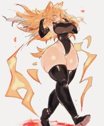 Rule 34 | 1girl, @ @, aura, black leotard, black thighhighs, blonde hair, blush, breasts, curvy, female focus, fleetway super sonic, floating hair, hands in hair, hedgehog ears, hedgehog girl, hedgehog tail, highres, humanization, large breasts, leotard, looking to the side, messy hair, red eyes, simple background, skin tight, solo, sonic (series), sonic the comic, sonic the hedgehog, super sonic, tail, thick thighs, thighhighs, thighs, usa37107692, white background, wide hips