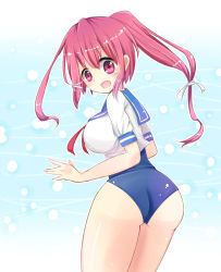 Rule 34 | 10s, 1girl, ass, back, blush, breasts, hair ribbon, i-168 (kancolle), kantai collection, long hair, looking back, one-piece swimsuit, open mouth, personification, pink eyes, pink hair, ponytail, ribbon, richun, school swimsuit, school uniform, serafuku, solo, swimsuit, swimsuit under clothes