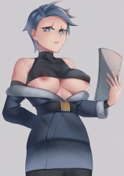 Rule 34 | 1girl, absurdres, areola slip, black pantyhose, black shirt, blouse, breasts, cojohn, covered collarbone, creatures (company), cyllene (pokemon), game freak, grey background, highres, holding, holding paper, nintendo, nipples, pantyhose, paper, pokemon, pokemon legends: arceus, self-upload, shirt, simple background, sleeveless, sleeveless shirt, solo