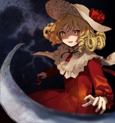 Rule 34 | 1girl, black background, blonde hair, commentary, curly hair, dress, drill hair, drill sidelocks, elly (touhou), hat, hat ribbon, highres, kaigen 1025, long sleeves, looking at viewer, red dress, red ribbon, ribbon, scythe, short hair, sidelocks, solo, touhou, touhou (pc-98), upper body, white hat, yellow eyes