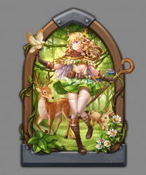 Rule 34 | 1girl, antlers, arch, bad id, bad pixiv id, belt, belt pouch, bird, bird on hand, blonde hair, blouse, blue eyes, boots, bow, bra, brown capelet, brown gloves, capelet, daisy, deer, feathers, flower, forest, full body, gloves, grass, green bra, green skirt, grey background, hair bow, hair flower, hair ornament, highres, horns, knee boots, long hair, looking to the side, mwwhxl, nature, open clothes, open shirt, original, plant, pouch, rabbit, shirt, skirt, smile, solo, staff, standing, standing on one leg, sunflower, sunflower hair ornament, thighhighs, underwear, vines, white shirt, white thighhighs