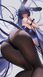 Rule 34 | 1girl, absurdres, anchor ornament, animal ears, arm garter, ass, azur lane, bare shoulders, black pantyhose, blue eyes, blue hair, blue leotard, bodystocking, breasts, fake animal ears, from below, hair intakes, highres, huge filesize, kneepits, large breasts, leotard, long hair, looking at viewer, nail polish, new jersey (azur lane), new jersey (exhilarating steps!) (azur lane), official alternate costume, pantyhose, playboy bunny, pole, pole dancing, rabbit ears, solo, stripper pole, thighs, tousang, very long hair, wrist cuffs