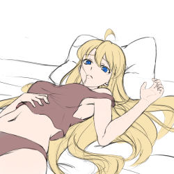 Rule 34 | 1girl, ahoge, bed, blonde hair, blue eyes, breasts, camisole, closed mouth, crop top, dutch angle, flat color, from above, frown, hair between eyes, hair in own mouth, hair spread out, hand on own stomach, hand up, highres, indoors, long hair, looking at viewer, lying, medium breasts, navel, on back, on bed, original, panties, parted bangs, pillow, raised eyebrows, simple background, sketch, solo, sorakujira (pixiv), strap slip, taut clothes, underwear, underwear only, upper body, very long hair, white background