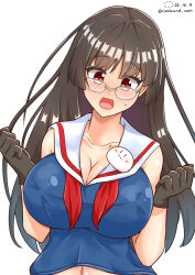 Rule 34 | 1girl, blue shirt, blush, breasts, brown hair, choukai (kancolle), cleavage, dated, glasses, gloves, kantai collection, large breasts, long hair, looking at viewer, midriff, neckerchief, open mouth, red eyes, red neckerchief, rimless eyewear, sailor collar, school uniform, serafuku, shiromaru (maniado), shirt, simple background, sleeveless, sleeveless shirt, smile, solo, upper body, white background, white sailor collar