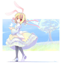 Rule 34 | 1girl, animal ears, black pantyhose, blonde hair, blush, closed mouth, commentary request, crescent, dated, dress, emurin, full body, grass, hair between eyes, looking at viewer, looking to the side, mary janes, medium hair, original, pantyhose, rabbit ears, rabbit girl, rabbit tail, red eyes, ribbon, shoes, sideways glance, smile, solo, tail, tree, white dress, white footwear, white headdress, wide sleeves