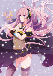 Rule 34 | 1girl, artist name, blue eyes, character name, collar, floating hair, headphones, highres, long hair, megurine luka, megurine luka (vocaloid4), mythless, parted lips, pink hair, skirt, solo, thighhighs, v4x, very long hair, vocaloid