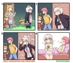 Rule 34 | 3boys, 3girls, 4koma, :d, ^ ^, absurdres, animal ears, apron, artist name, bad id, bad pixiv id, banknote, black jacket, black pants, blue pants, blush, breasts, brick wall, briefcase, brown shirt, brown skirt, bush, chain, cigarette, cleavage, closed eyes, closed mouth, collarbone, comic, commentary, dollar sign, dress, faceless, faceless female, father and daughter, genderswap, genderswap (mtf), green footwear, greenteaneko, grey apron, grey footwear, grey hair, grin, hair between eyes, hands in pockets, head tilt, heart, hetero, high ponytail, highres, holding, holding money, husband and wife, jacket, large breasts, light brown hair, long hair, medium breasts, money, mother and daughter, mouth hold, multiple boys, multiple girls, naked towel, necktie, on bed, open clothes, open jacket, open mouth, original, pants, parted bangs, pillow, pink eyes, pink hair, pleated skirt, ponytail, profile, purple neckwear, rabbit ears, raccoon ears, raccoon girl, raccoon tail, red dress, red shirt, scar, scar across eye, scar on face, shirt, shoes, short sleeves, silent comic, sitting, skirt, smile, smoke, smoking, socks, square 4koma, strapless, strapless dress, sweat, tail, towel, transformation, tree, under covers, v-shaped eyebrows, very long hair, watermark, web address, white legwear, yellow eyes
