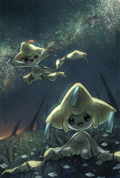 Rule 34 | :d, amuchi moshi, arms up, commentary request, creatures (company), flying, game freak, gen 3 pokemon, graphite (medium), grass, highres, jirachi, legendary pokemon, looking at viewer, mythical pokemon, night, nintendo, no humans, open mouth, outdoors, pokemon, pokemon (creature), sitting, sky, smile, star (sky), tongue, traditional media