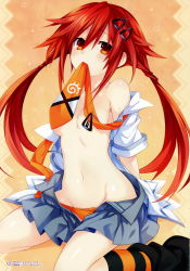 Rule 34 | 1girl, absurdres, arms behind back, blush, breasts, groin, hair ornament, hairclip, highres, kneehighs, long hair, mouth hold, navel, necktie, neptune (series), off shoulder, official art, open clothes, open shirt, orange background, orange eyes, orange panties, panties, pleated skirt, red hair, shin jigen game neptune vii, shirt, sitting, skirt, small breasts, socks, solo, star (symbol), striped clothes, striped socks, sweat, tennouboshi uzume, tsunako, twintails, underwear, very long hair, wariza