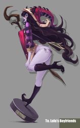 Rule 34 | 1girl, blue eyes, blush, breasts, colored skin, duto, hat, highres, league of legends, long hair, lulu (league of legends), open mouth, panties, purple hair, purple skin, solo, staff, underwear, witch hat