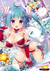 Rule 34 | 1girl, :d, absurdres, ahoge, aqua hair, armlet, bare shoulders, bikini, blue eyes, blush, bracelet, breasts, christmas, cleavage, covered erect nipples, detached collar, elbow gloves, fangs, female focus, fur trim, gloves, highres, jewelry, konomi (kino konomi), large breasts, leaning forward, leg ribbon, leg up, long hair, looking at viewer, melonbooks, open mouth, red bikini, red gloves, ribbon, sack, scan, smile, snowflakes, solo, star-shaped pupils, star (symbol), swimsuit, symbol-shaped pupils, thigh ribbon, twintails, very long hair