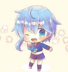 Rule 34 | 1girl, ;d, black shorts, black socks, blue eyes, blue hair, blue neckerchief, blue shirt, blush, brown background, chibi, commentary request, crescent, crescent pin, crop top, fang, floral background, full body, green eyes, grey footwear, hair between eyes, kantai collection, kneehighs, kou hiyoyo, long hair, long sleeves, midriff, minazuki (kancolle), navel, neckerchief, one-hour drawing challenge, one eye closed, open mouth, shirt, short shorts, shorts, smile, socks, solo, standing, standing on one leg