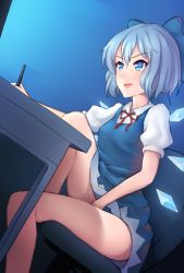 Rule 34 | bad id, bad pixiv id, bare legs, blue dress, blue eyes, blue hair, blush, bow, chair, cirno, clothes lift, computer, desk, drawing, dress, dress lift, drooling, dutch angle, female masturbation, from side, hair bow, ice, ice wings, legs, masturbation, open mouth, pen, puffy short sleeves, puffy sleeves, rikorin, short hair, short sleeves, sitting, solo, stylus, touhou, tsurime, wings