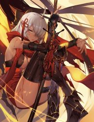 Rule 34 | 1girl, ahoge, arm guards, armored boots, black bow, boots, bow, breasts, cleavage, commentary, crossed legs, dark-skinned female, dark skin, fate/grand order, fate (series), hair between eyes, hair bow, hair ornament, hair over one eye, holding, holding weapon, knees to chest, knees up, large breasts, long hair, okita souji (fate), okita souji alter (fate), okita souji alter (first ascension) (fate), orangesekaii, red scarf, scarf, silver hair, sitting, solo, sweat, tassel, weapon, yellow eyes