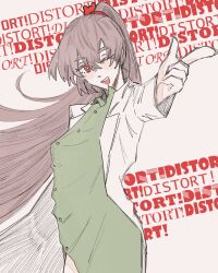 Rule 34 | 1girl, bear hair ornament, brown hair, buttons, carmen (project moon), coat, collared shirt, cowboy shot, dhmee, finger gun, green shirt, hair ornament, highres, lab coat, lobotomy corporation, long hair, long sleeves, one eye closed, open mouth, project moon, red eyes, shirt, simple background, smile, solo, very long hair, white background, white coat, wing collar