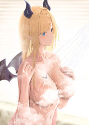 Rule 34 | 1girl, absurdres, blonde hair, blue eyes, blush, breast tattoo, breasts, collarbone, completely nude, convenient censoring, demon horns, demon wings, hand on own chest, haro art, highres, hololive, horns, large breasts, light smile, long hair, looking ahead, navel, nude, pointy ears, showering, solo, steam, steam censor, stomach, tattoo, upper body, very long hair, virtual youtuber, water drop, wings, yuzuki choco