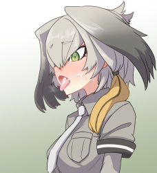 Rule 34 | 10s, 1girl, blouse, blush, breast pocket, collared shirt, cum, cum in mouth, facial, from side, gradient background, green background, green eyes, grey background, grey hair, grey shirt, hair between eyes, head wings, highres, kemono friends, layered sleeves, long sleeves, necktie, pocket, shirt, shoebill (kemono friends), short over long sleeves, short sleeves, solo, sumiyao (amam), white hair, white necktie, wings