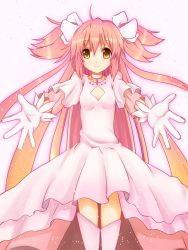 Rule 34 | 10s, 1girl, alternate hairstyle, amano kouki, bow, cleavage cutout, clothing cutout, dress, gloves, hair bow, highres, kaname madoka, long hair, looking at viewer, magical girl, mahou shoujo madoka magica, mahou shoujo madoka magica (anime), outstretched arms, outstretched hand, pink hair, sidelocks, smile, solo, spoilers, thighhighs, twintails, two side up, ultimate madoka, very long hair, white gloves, yellow eyes