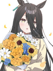 Rule 34 | 1girl, :o, ahoge, animal ears, black hair, blush, bouquet, commentary, earrings, english commentary, flower, hair between eyes, highres, holding, holding bouquet, horse ears, jewelry, long hair, long sleeves, looking at viewer, manhattan cafe (umamusume), musicccc, petals, shirt, single earring, solo, sunflower, umamusume, upper body, white background, yellow eyes, yellow shirt