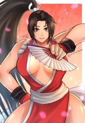 Rule 34 | 1girl, absurdres, breasts, brown eyes, cleavage, fatal fury, folding fan, hair ornament, hand fan, high ponytail, highres, japanese clothes, kageru (mofnyan), large breasts, lips, long hair, looking at viewer, ninja, open clothes, parted bangs, pelvic curtain, ponytail, shiranui mai, signature, snk, solo, the king of fighters, twitter username