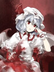 Rule 34 | 1girl, ascot, blood, blood on clothes, blood on face, blood on hands, blue hair, collared shirt, commentary request, frilled shirt, frilled shirt collar, frilled wrist cuffs, frills, hand on own cheek, hand on own face, hat, hat ribbon, highres, kaigen 1025, light blue hair, medium hair, mob cap, parted lips, red background, red eyes, red ribbon, remilia scarlet, ribbon, shirt, sitting, skirt, solo, touhou, white ascot, white hat, white shirt, white skirt, white wrist cuffs, wrist cuffs
