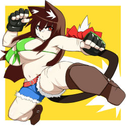 Rule 34 | 00s, 1girl, animal ears, bikini, bikini top only, breasts, dungeon and fighter, fighter (dungeon and fighter), fingerless gloves, gloves, izunan, large breasts, red eyes, scar, shorts, solo, swimsuit