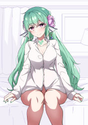 Rule 34 | 1girl, absurdres, arimon (dfrgty12), blouse, blush, bottomless, breasts, cleavage, collarbone, collared shirt, earrings, finana ryugu, fins, fish girl, flower, green hair, green nails, hair flower, hair ornament, head fins, highres, jewelry, long hair, long sleeves, looking at viewer, medium breasts, nail polish, naked shirt, neck tattoo, nijisanji, nijisanji en, on bed, purple eyes, purple flower, shirt, simple background, single earring, sitting, sleeves past wrists, smile, solo, tattoo, virtual youtuber, white shirt