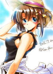 Rule 34 | 1girl, black shirt, blue eyes, breasts, brown hair, brown hat, casual, closed mouth, clothes around waist, commentary request, dated, hair ornament, hair up, hairclip, hand on headwear, hat, jewelry, light frown, looking at viewer, looking back, lyrical nanoha, mahou shoujo lyrical nanoha strikers, necklace, partial commentary, san-pon, shirt, shirt around waist, short hair, sideboob, solo, standing, straw hat, sun hat, sweat, tank top, twitter username, upper body, white shirt, x hair ornament, yagami hayate