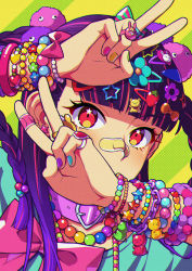 Rule 34 | 1girl, bandaid, bandaid on face, belt collar, bracelet, braid, braided ponytail, collar, eyebrows hidden by hair, hair ornament, hairband, hairclip, highres, jewelry, long hair, looking at viewer, nail polish, necklace, original, purple hair, red eyes, ribbon, solo, suneru, twintails, upper body, victory pose