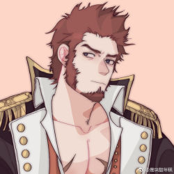 Rule 34 | 1boy, amaimochi, bara, blue eyes, brown hair, commentary request, epaulettes, facial hair, fate/grand order, fate (series), goatee, large pectorals, long sideburns, looking at viewer, male focus, muscular, muscular male, napoleon bonaparte (fate), pectoral cleavage, pectorals, scar, short hair, sideburns, solo